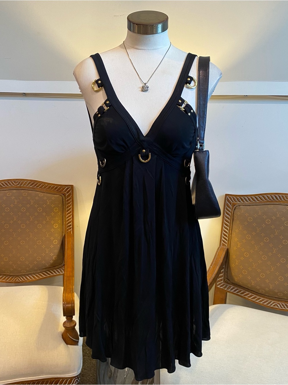 Temperley London Vintage 90s Black Silk Open Back Sexy Babydoll Mini Dress S